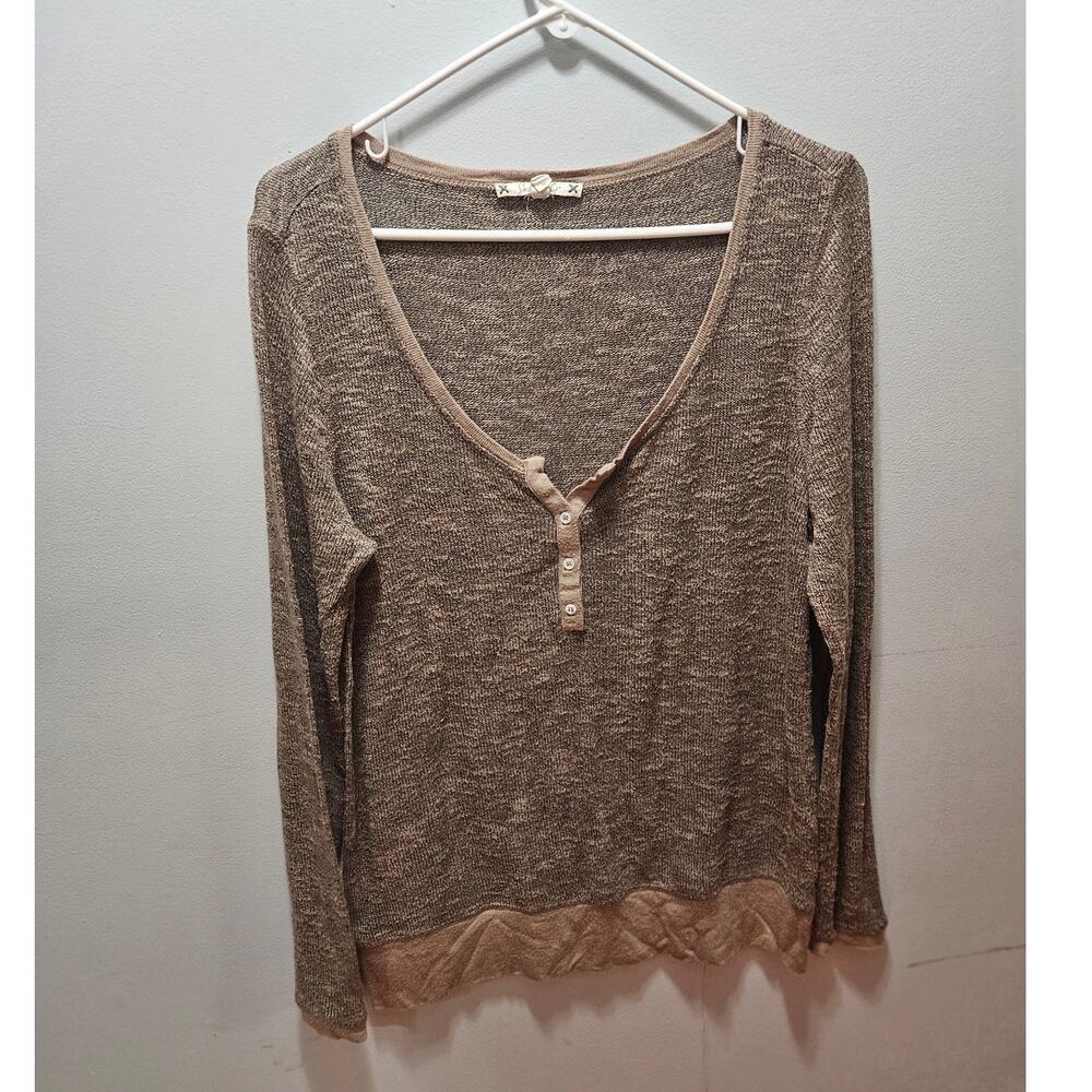 Soft Joie Brown Marled Knit Henley Top L Distressed Boho Grunge USA